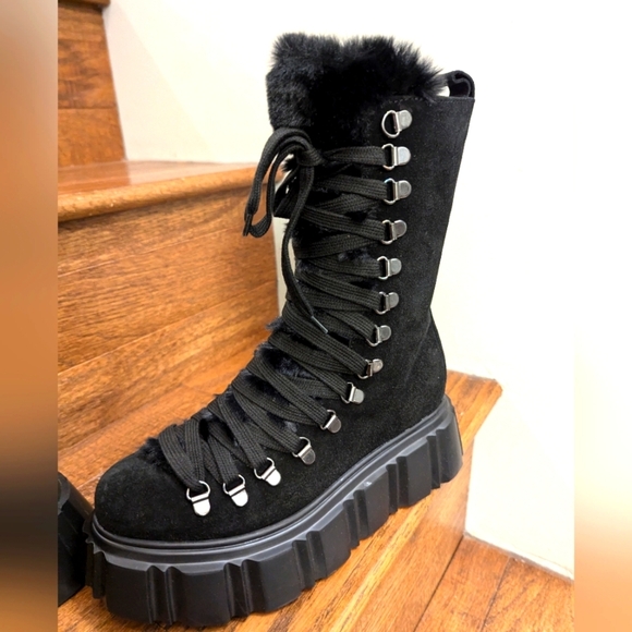 B2 Tofino faux fur Tofino platform moto combat boot black Sz 5 fits 6.5, EU 35 - Picture 1 of 17